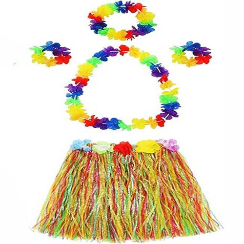 Yetişkin ve Çuk Uyumlu Luau ha Hawaii Kolye Renkli Etek Taç ve Bileklik Seti