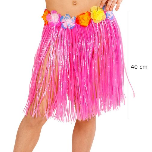 Yetişkin ve Çuk Uyumlu Pembe Renk Püsküllü Hawaii Luau Hula Etek 40 cm