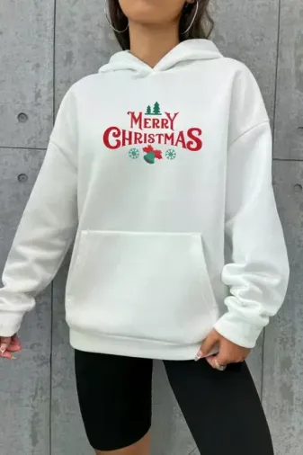 Yılbaşı Merry Christmas Baskılı Oversize Kapüşonlu Sweatshirt Hoodie - Beyaz - L - Beyaz