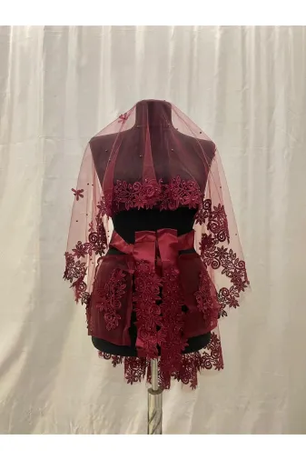 YILDIZMODEL1 Bordo Yıldız İşlemeli, Taşlı Güpürlü Ve İncili Kına Duvağı, Duvak Seti, Kına Örtüsü