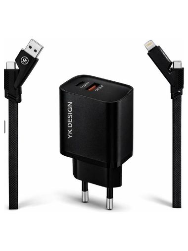 YK DESİGN YK-SR92 Usb-C Power Delivery Ve Usb-A Quick Charge 3.0 Desteği Ile 38W Çoklu Kablolu Turbo Ev Tipi Şarj Aleti