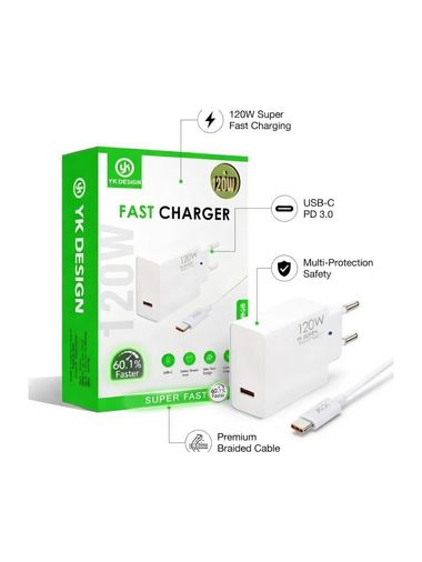 YK DESİGN YKSR69 Yk-Sr69 120W Type-C Süper Hızlı Şarj Adaptörü – Usb-C Pd 3.0, Güvenli Ve Güçlü Şarj Cihazı