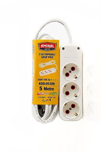 YNT İthalat AH-AVH-933 Amiral 3' Lü Topraklı 5 Metre Kablolu Grup Priz