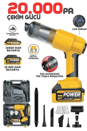 YNT İthalat EM-ahv21 25.000Mah Çift Bataryalı Auhma 20.000Pa Ultra Çekim Güçlü Çantalı Araç Temizleme Süpürgesi