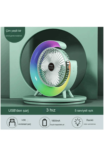 YNT İthalat EM-fan11 Masaüstü Vantilatör Usb Şarjlı Rgb Led Işıklı 3 Kademeli 180° Ayarlanabilir Soğutucu Fan Yeşil