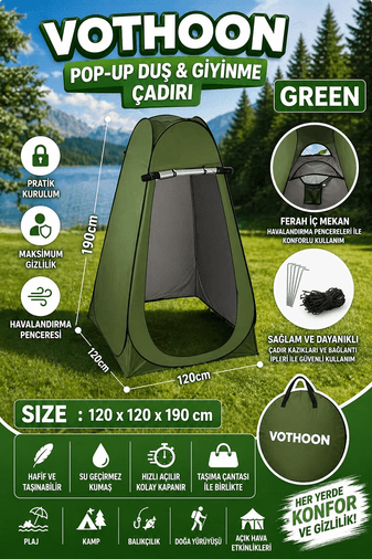 YNT İthalat EM-yeşilçadır Otomatik Kabin Giyinme Çadırı 120X120X190 Cm Üst Havalandırma Yan Pencereli Duş & Wc Çadırı