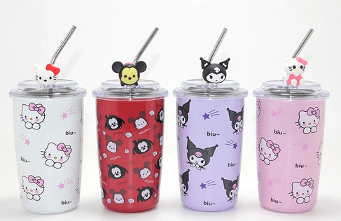 YNT İthalat KH-ALK4428 Sanrio Hello Kitty & Kuromi Figürlü Isı Muhafazalı Metal Pipetli Çelik Kupa Alk4428