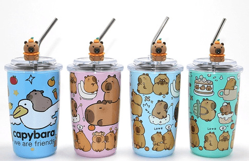 YNT İthalat KH-ALK4429 Capybara Figürlü Isı Muhafazalı Metal Pipetli Paslanmaz Çelik Kupa Alk4429