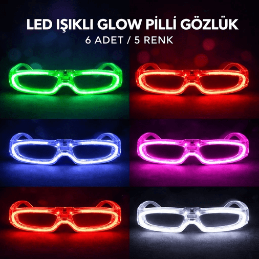 YNT İthalat SM-F008-6 Led Işıklı Glow Pilli Parti Gözlüğü - Glow Efektli 6 Adet 5 Renk