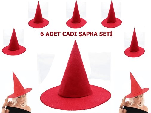 YNT İthalat SM-SMR-1KEÇE Kırmızı Renk Keçe Cadı Şapkası Yetişkin Çocuk Uyumlu 6 Adet