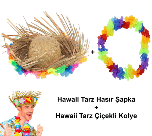YNT İthalat SM-SMR-E006-E024-SET Hawaii Tarzı Tropikal Çiçekli Hasır Şapka Ve Çiçekli Hawaii Kolye