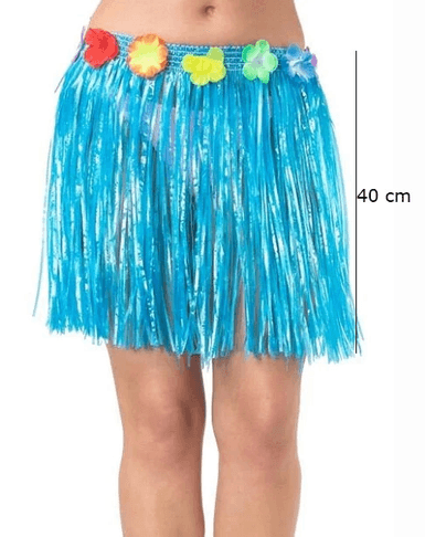 YNT İthalat SM-SMR-E027-M Yetişkin Ve Çocuk Uyumlu Mavi Renk Püsküllü Hawaii Luau Hula Etek 40 Cm