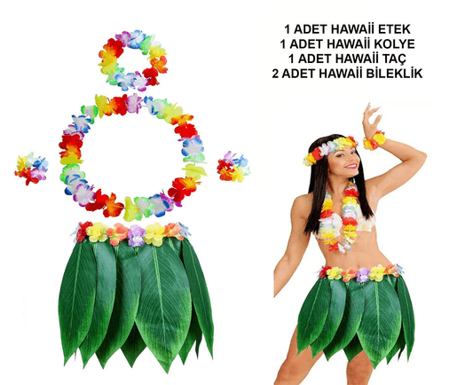 YNT İthalat SM-SMR-E030-E023 Yetişkin Hawaii Kostüm Seti - Yaprak Etek  Hawaii Set - 5 Parça