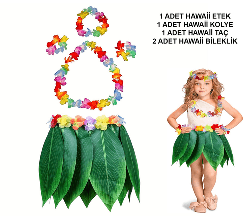 YNT İthalat SM-SMR-E068-E023 Çocuk Hawaii Kostüm Seti - Yaprak Etek  Hawaii Set - 5 Parça
