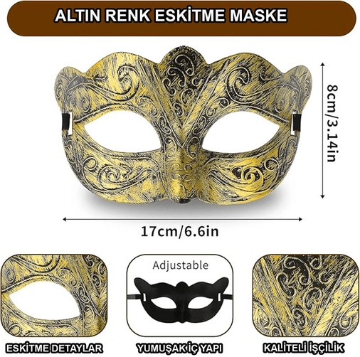 YNT İthalat SM-SMR-G044 Altın Renk Eskitme Maskeli Balo Maskesi – Venedik Tarzı Parti Maskesi