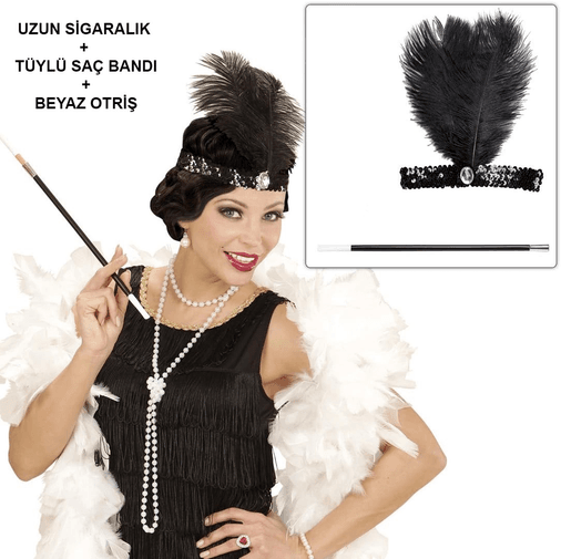 YNT İthalat SM-SMR0559G026G062 Retro Charliston Beyaz Otrişli Aksesuar Seti – 2039Ler 9039Lar Gatsby Kostüm Seti