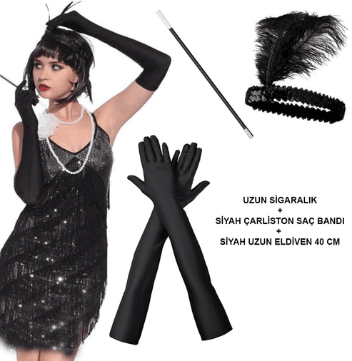 YNT İthalat SM-SMRG062G026G075 192039Ler Gatsby Aksesuar Seti – Siyah Charleston Saç Bandı, Uzun Eldiven  Lık