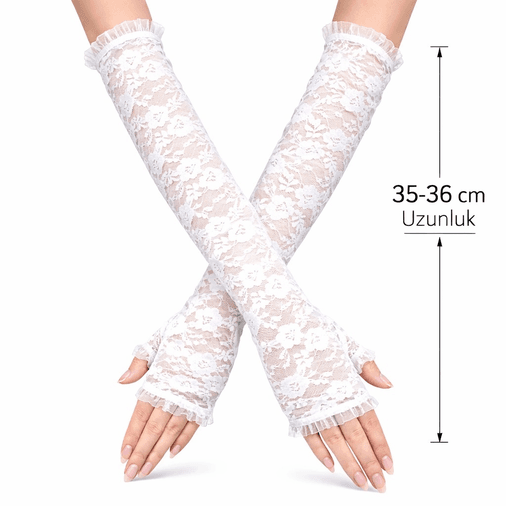 YNT İthalat SM-SMRG082-B Uzun Zarif Dantel Eldiven Parmaksız Beyaz 35 Cm