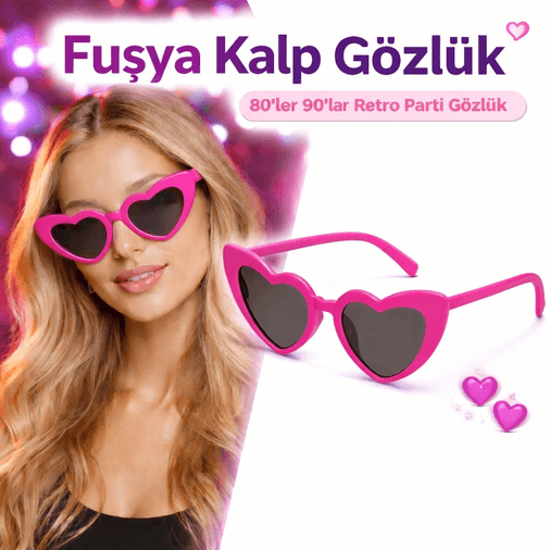 YNT İthalat SM-SMRG135 Fuşya Pembe Retro Kalp Gözlük – 80’Ler 90’Lar Stil Parti Gözlüğü