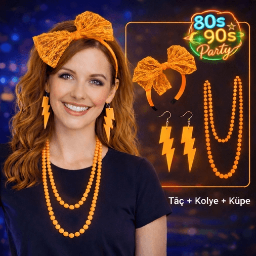 YNT İthalat SM-SMRG138G139G140-T 80’Ler 90’Lar Neon Turuncu Parti Seti – Kolye Küpe Taç