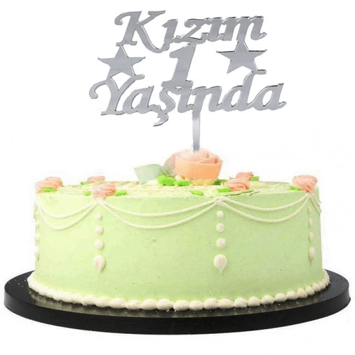 YNT İthalat SM-SMRPLKS-3 Kızım 1 Yaşında İlk Yaş Doğum Günü Partisi Pleksi Pasta Süsü Gümüş Renk