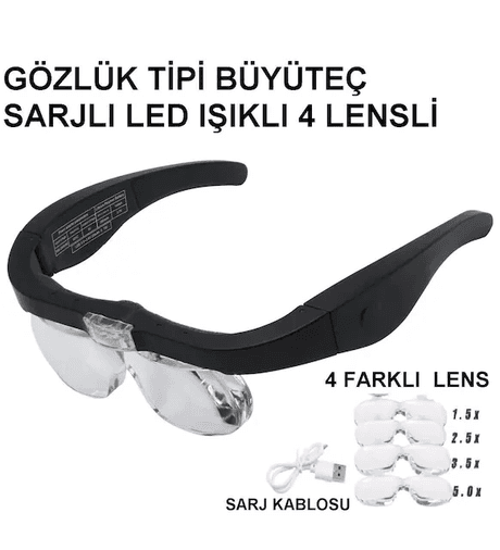 YNT İthalat TD-0018TDU-1017 Şarjlı Gözlük Büyüteç  4 Farklı Lens 11537Dc
