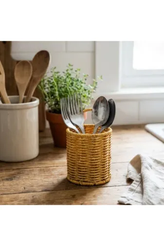 ® Yuvarlak Hasır Dokulu Plastik Rattan Kaşıklık & Çatallık – Askılı Kend