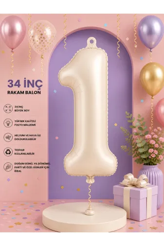 Zema parti 1 34 İnç Krem Rakam Balon Folyo Helium Uyumlu Doğum Günü Parti Balonu (0-9)