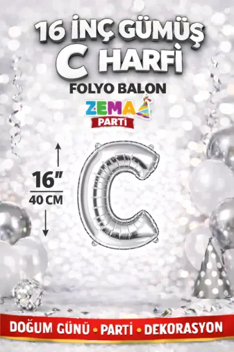Zema parti 16inc-gumus-c 16 İnç Gümüş C Harfi Folyo Balon 40 Cm Silver Doğum Günü Parti Dekorasyon