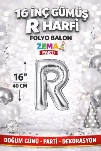 Zema parti 16inc-gumus-r 16 İnç Gümüş R Harfi Folyo Balon 40 Cm Silver Doğum Günü Parti Dekorasyon