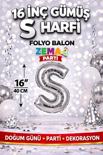 Zema parti 16inc-gumus-s 16 İnç Gümüş S Harfi Folyo Balon 40 Cm Silver Doğum Günü Parti Dekorasyon