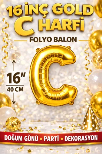 Zema parti 16incgold-c 16 İnç Gold C Harfi Folyo Balon 40 Cm Altın Doğum Günü Parti Dekorasyon