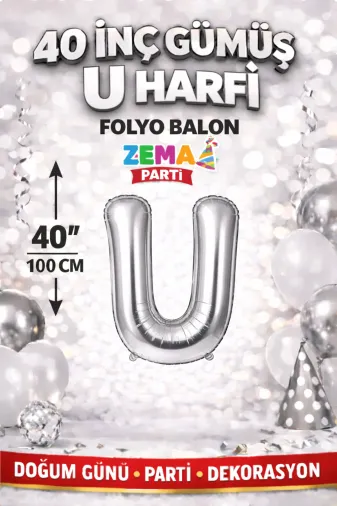 Zema parti 40-GÜMÜŞ-HARF-U 40 İnç Gümüş U Harfi Folyo Balon – Doğum Günü Parti Dekorasyon Balonu