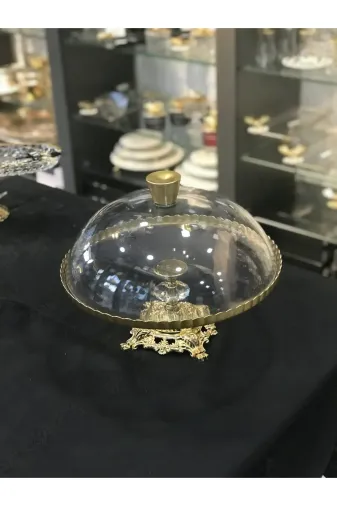 ZEN HOME ZH-ZH-622 Avangard Gold Döküm Ayak Cam Gövde Cam Kapak Üstün Kaliteli Kek Fanusu