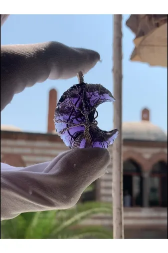 ZİN ZT-DHAKUAT Doğal Taş Hilal Ay Kolye Ucu , Ametist Taşı