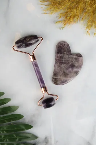 Zümrüt Doğal Taş Official YMSIMG3980 Ametist Doğal Taş Face Roller & Kalp Gua Sha Ikili Yüz Masaj Seti
