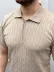 Erkek Yazlık Triko Saç Örgü Tişört Kısa Kol Polo Yaka Fermuarlı T-Shirt - Bej - 2XL - Bej 1