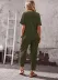Kadın Kısa Kollu Asimetrik Kesim Detaylı Düğmeli Bürümcük Bluz Ve Pantolon Ikili Takım - L-XL - Haki 3