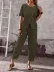 Kadın Kısa Kollu Asimetrik Kesim Detaylı Düğmeli Bürümcük Bluz Ve Pantolon Ikili Takım - 2XL-3XL - Haki 1