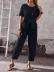 Kadın Kısa Kollu Asimetrik Kesim Detaylı Düğmeli Bürümcük Bluz Ve Pantolon Ikili Takım - L-XL - Siyah 3