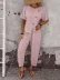 Kadın Kısa Kollu Asimetrik Kesim Detaylı Düğmeli Bürümcük Bluz Ve Pantolon Ikili Takım - 2XL-3XL - Pembe 1