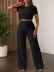 Kadın Kısa Kollu Bisiklet Yaka Bürümcük Krop Bluz Ve Pantolon Ikili Takım - L-XL - Siyah 1