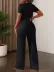 Kadın Kısa Kollu Bisiklet Yaka Bürümcük Krop Bluz Ve Pantolon Ikili Takım - L-XL - Siyah 3