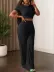 Kadın Kısa Kollu Bisiklet Yaka Bürümcük Krop Bluz Ve Pantolon Ikili Takım - L-XL - Siyah 4