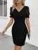 Kadın Kısa Kollu Dantelli V Yakalı Yanlardan Büzgülü çapraz Detaylı Janjan Krep Elbise - 4XL-5XL - Siyah 1