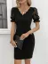 Kadın Kısa Kollu Dantelli V Yakalı Yanlardan Büzgülü çapraz Detaylı Janjan Krep Elbise - 4XL-5XL - Siyah 2