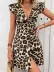 Kadın Kısa Kollu Derin Göğüs V Dekolteli önden Düğmeli Leopar Desenli Kısa Süprem Elbise - 2XL-3XL - Leopar 3