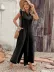 Kadın Kısa Kollu önden Düğmeli Paçaya Doğru Geniş Cepli Uzun Bürümcük Tulum - 2XL-3XL - Siyah 2