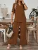 Kadın Kısa Kollu V Yakalı Aerobin Bluz Ve Pantolon Ikili Takım - L-XL - Kahve 2