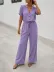 Kadın Kısa Kollu V Yakalı Cepli Dokuma Viskon Tulum - L-XL - Lila 2